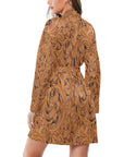 Tooled Leather Print Bronc Women's Long Sleeve Belted Satin Feel Dressing Lounge Robe