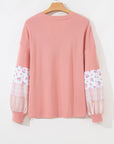 Plus Size Floral Patchwork Sleeve Waffle Knit Top