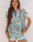 Amaris Notched Neck Puff Short Sleeve Floral Blouse