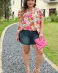 Kimber Plus Floral Notched Neck Ruffle Sleeve Blouse