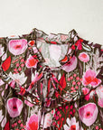 Floral 3/4 Sleeve Lace-Up Neck Blouse