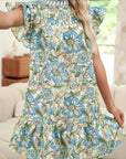 Floral Pleated Ruffle Sleeve Dress
