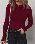 Solid Metallic Ribbed Knit Long Sleeve Top