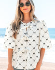 Ezra Bowknot Print Front Knots Bubble Sleeve Blouse