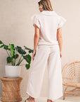 Textured Ruffle Sleeve Zipped Top and Wide Leg Pants Set