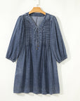 Denim 3/4 Sleeve Tied V-Neck Pleated Mini Dress