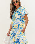 Payton Floral Striped Trim Puff Short Sleeve Dress