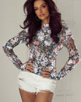 Floral Mesh Long Sleeve Mock Neck Top