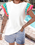 Floral Ric-Rac Contrast Short Sleeve Top