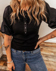 Ribbed Patchwork Puff Sleeve Top