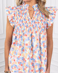Abstract Shirred Ruffle Sleeve Blouse