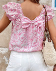 Floral Bow Back Ruffle Sleeve Blouse