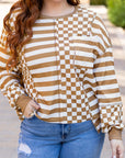Khaki Striped Checkered Mixed Print Chest Pocket Casual Plus Size Top
