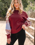 Plaid Patchwork Long Sleeve Raw Seam Sweatshirt