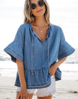 Liv Denim Ruffled Sleeve Lace up Front Peplum Top