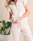 Textured Ruffle Sleeve Zipped Top and Wide Leg Pants Set
