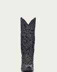 A3752 - WOMEN'S BLACK GLITTER INLAY FLORAL OVERLAY WITH CRYSTALS AND STUDS SNIP TOE BLACK COWBOY BOOT