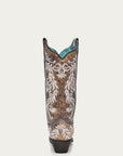 A3753 - WOMEN'S GLOW IN THE DARK WHITE FEATHERED FLORAL EMBROIDERY BROWN SNIP TOE COWBOY BOOT