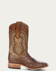A4008 - MEN'S BROWN EMBROIDERY WITH WOVEN DETAIL AND OVERLAY FULL QUILL OSTRICH SQUARE TOE COWBOY BOOT