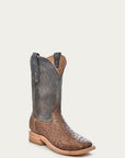 A4052 - MEN'S EMBROIDERY BROWN FULL QUILL OSTRICH SQUARE TOE BLUE COWBOY BOOT