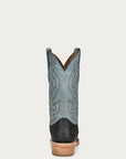 A4288 - MEN'S EMBROIDERY SHAFT GENUINE BLACK PYTHON VAMP NARROW SQUARE TOE BLUE COWBOY BOOT