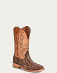 A4289 - MEN'S EMBROIDERY BROWN OSTRICH LEG VAMP WIDE SQUARE TOE SAND COWBOY BOOT