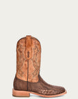 A4289 - MEN'S EMBROIDERY BROWN OSTRICH LEG VAMP WIDE SQUARE TOE SAND COWBOY BOOT