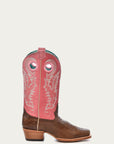 A4459 - WOMEN'S PINK GOAT EMBROIDERY BROWN SQUARE TOE COWBOY BOOT WITH PULL HOLES