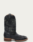A4554 - MEN'S EMBROIDERY AND WOVEN DETAIL BLACK OSTRICH WIDE SQUARE TOE COWBOY BOOT