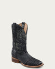 A4554 - MEN'S EMBROIDERY AND WOVEN DETAIL BLACK OSTRICH WIDE SQUARE TOE COWBOY BOOT