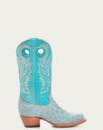 A4563 - WOMEN'S EMBROIDERY AND CUT OUT BLUE OSTRICH SQUARE TOE COWBOY BOOT