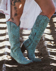 A4587 - WOMEN'S GOLD STAMPED FLORAL TURQOUISE SNIP TOE COWBOY BOOT