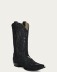 A4663 - MEN'S EMBROIDERY WITH WOVEN DETAIL AND OVERLAY FULL BLACK SNIP TOE COWBOY BOOT