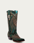 A4714 - WOMEN'S OVERLAY EMBROIDERY AND STUDS GREEN SNIP TOE COWBOY BOOTS