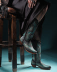 A4726 - WOMEN'S BLUE EMBROIDERY AND BRONZE STUDS BLACK SNIP TOE COWBOY BOOT