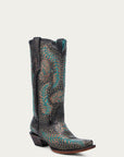 A4726 - WOMEN'S BLUE EMBROIDERY AND BRONZE STUDS BLACK SNIP TOE COWBOY BOOT