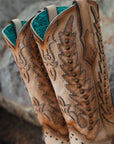 A4740 - WOMEN'S EMBROIDERY OVERLAY AND STUDS WING TIP SAND SNIP TOE COWBOY BOOT