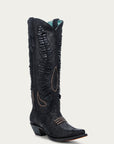 A4752 - WOMEN'S BLACK FLORAL EMBROIDERY SNIP TOE TALL TOP COWBOY BOOT