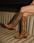 A4754 - WOMEN'S DENIM WOVEN TALL TOP COGNAC SNIP TOE COWBOY BOOT