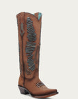 A4754 - WOMEN'S DENIM WOVEN TALL TOP COGNAC SNIP TOE COWBOY BOOT