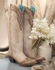 A4768 - WOMEN'S FEATHER EMBROIDERY WITH CRACKLED OVERLAY AND STUDS SAND SNIP TOE COWBOY BOOT