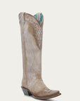 A4768 - WOMEN'S FEATHER EMBROIDERY WITH CRACKLED OVERLAY AND STUDS SAND SNIP TOE COWBOY BOOT