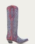 A4772 - WOMEN'S BLUE AND WHITE CHAMELEON EFFECT EMBROIDERY AND CRYSTALS RED TALL TOP SNIP TOE COWBOY BOOT