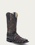 A4774 - MEN'S CAIMAN EMBROIDERY AND OVERLAY CHOCOLATE WIDE SQUARE TOE COWBOY BOOT