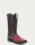 A4776 - MEN'S BLACK EMBROIDERY AND OVERLAY RED OSTRICH WIDE SQUARE TOE COWBOY BOOT