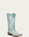 A4785 - WOMEN'S GLOW IN THE DARK WHITE FEATHERED FLORAL EMBROIDERY TURQUOISE SQUARE TOE COWBOY BOOT