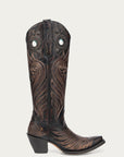 A4814 - WOMEN'S EMBROIDERY AND OVERLAY WITH RUBBER APPLICATIONS BAND BLACKED HONEY SNIP TOE TALL TOP COWBOY BOOT WITH PULL HOLES
