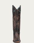 A4814 - WOMEN'S EMBROIDERY AND OVERLAY WITH RUBBER APPLICATIONS BAND BLACKED HONEY SNIP TOE TALL TOP COWBOY BOOT WITH PULL HOLES