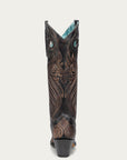 A4814 - WOMEN'S EMBROIDERY AND OVERLAY WITH RUBBER APPLICATIONS BAND BLACKED HONEY SNIP TOE TALL TOP COWBOY BOOT WITH PULL HOLES