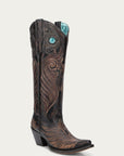 A4814 - WOMEN'S EMBROIDERY AND OVERLAY WITH RUBBER APPLICATIONS BAND BLACKED HONEY SNIP TOE TALL TOP COWBOY BOOT WITH PULL HOLES